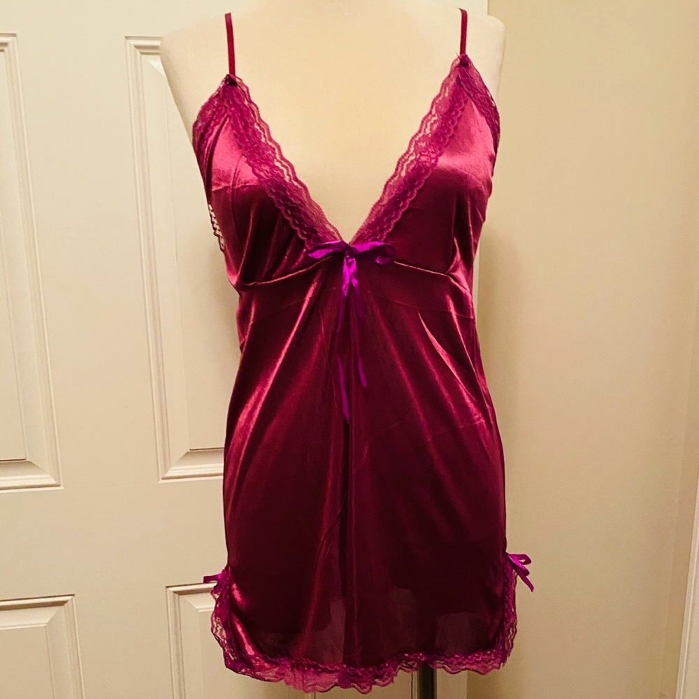 Satin Lace Trim Chemise in Deep Pink